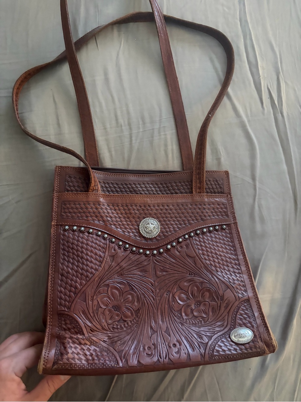 American West Brown Tooled Leather Shoulder Bag with Concho Accents